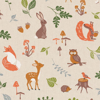 Tissu toile aspect lin motifs animaux de la forêt