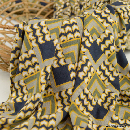 Tissu Jersey de Viscose motif abstrait marine et ocre - oeko tex