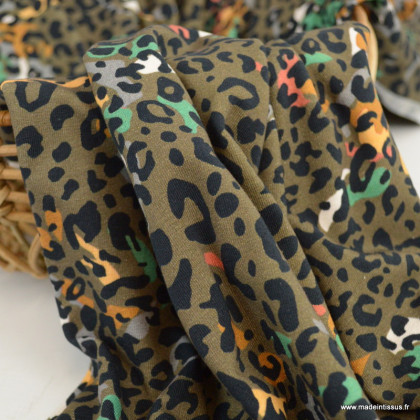 Tissu Jersey graou motifs léopard fond kaki - oeko tex