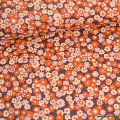 Tissu velours milleraies Poppy petites fleurs fond prune - oeko tex