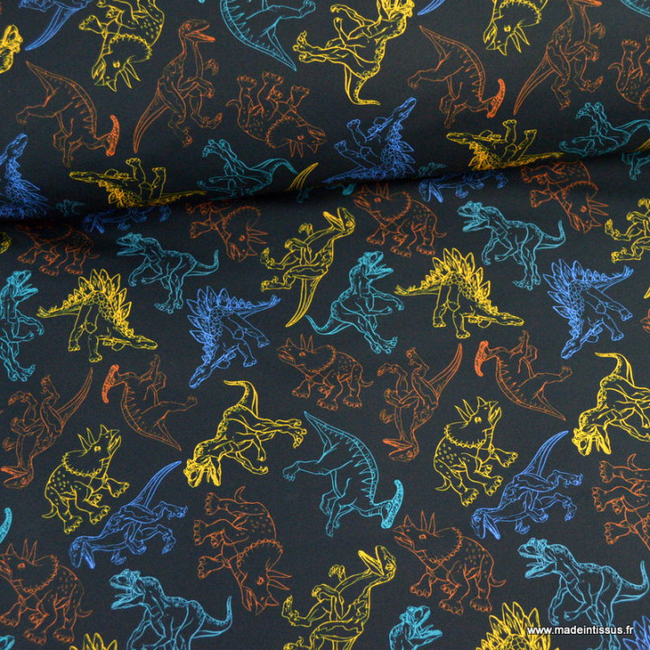 Tissu Softshell motifs dinosaures fond bleu marine