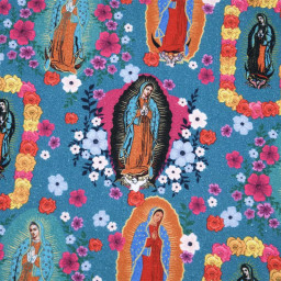 Tissu catholique coton Vierge Marie et fleurs