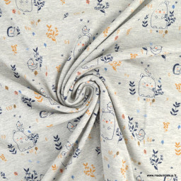 Tissu jersey Poppy motifs oursons, oiseaux et feuillage gris chiné - oeko tex