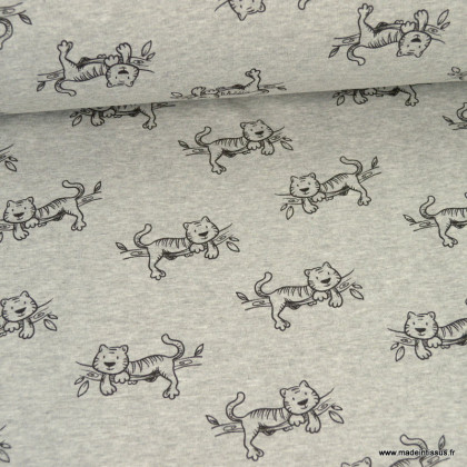 Tissu Sweat envers Minky motifs chats gris chiné