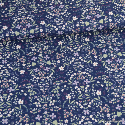 Tissu popeline motifs fleurs fond bleu - Oeko tex