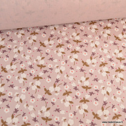 Double gaze de coton Bio Brune motifs fleurs fond rose - oeko tex