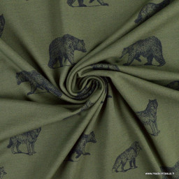 Tissu Jersey motifs ours et loups fond kaki - Oeko tex