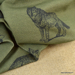 Tissu Jersey motifs ours et loups fond kaki - Oeko tex