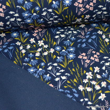 Tissu Softshell Poppy motifs fleurs fond bleu marine