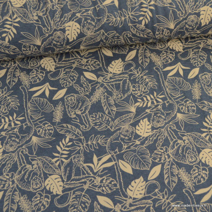 Tissu jersey Poppy motifs exotique et singe fons marine - oeko tex