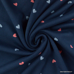 Tissu Poppy Sweat envers minky motif coeurs fond bleu marine - oeko tex