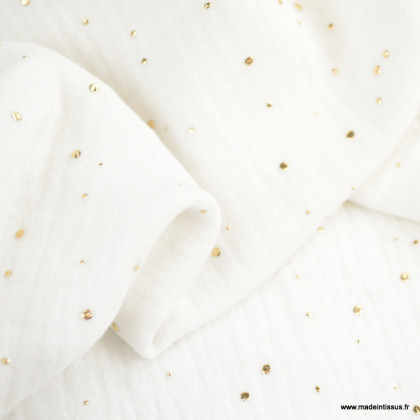 Tissu Double gaze à pois or coloris blanc - oeko tex