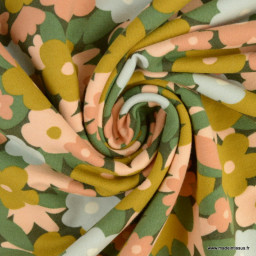 Tissu jersey gratté Poppy motif fleurs fond kaki - oeko tex