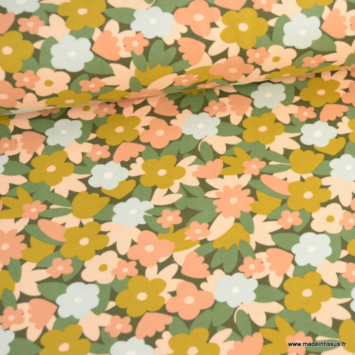 Tissu jersey gratté Poppy motif fleurs fond kaki - oeko tex