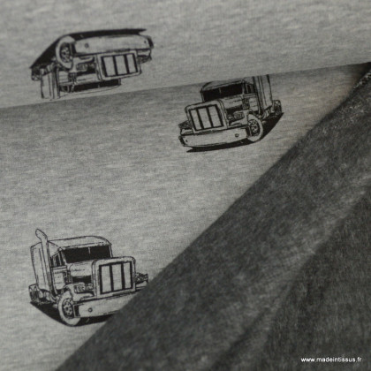 Tissu Sweat envers Minky motifs camions fond gris chiné