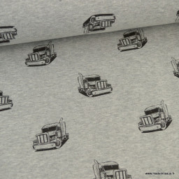 Tissu Sweat envers Minky motifs camions fond gris chiné