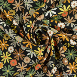 Tissu Popeline de Viscose motifs fleurs fond noir