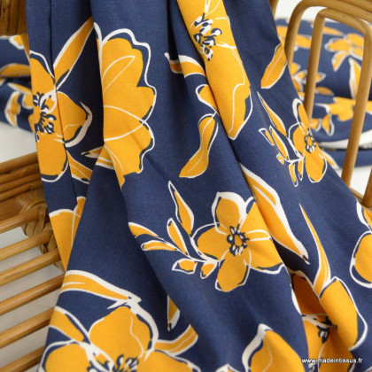 Tissu twill Viscose motif fleurs jaunes fond bleu marine