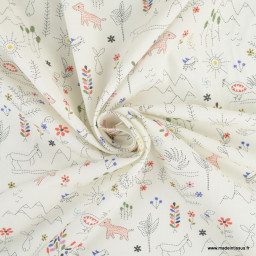 Popeline Bio & oeko tex motifs animaux et fleurs fond blanc