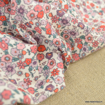Voile de coton Bio & oeko tex motifs fleurs roses et parme