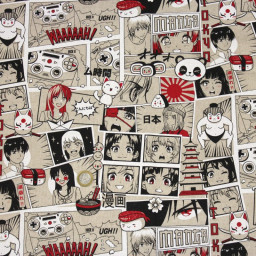 Tissu toile aspect lin motifs Manga Noir et rouge