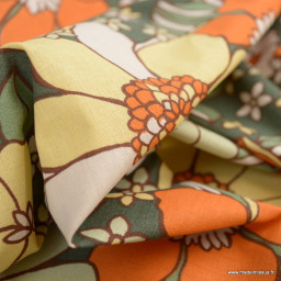 Tissu coton Sunflower grosses fleurs orange et vert foret - oeko tex