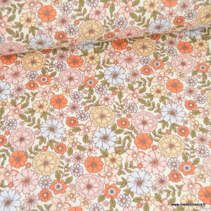 Tissu coton Enduit Brigitte motifs fleurs tilleul et vanille