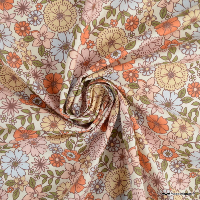 Tissu coton Enduit Brigitte motifs fleurs tilleul et vanille : acheter au  mètre