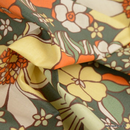 Tissu coton Enduit Sunflower motifs fleurs orange et vert