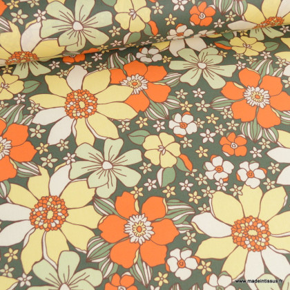 Tissu coton Enduit Sunflower motifs fleurs orange et vert