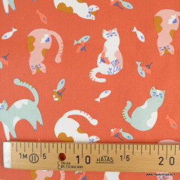 Tissu coton Chadwick motifs chats fond rouge - oeko tex