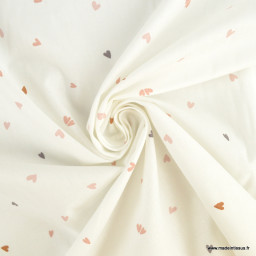 Tissu cretonne coton Coreo motifs coeurs pêche fond blanc - oeko tex