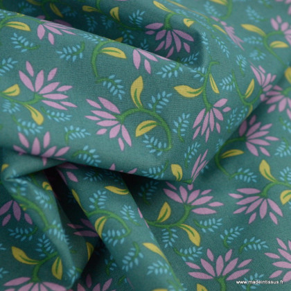 Tissu coton Timael fleurs indiennes fond paon - oeko tex