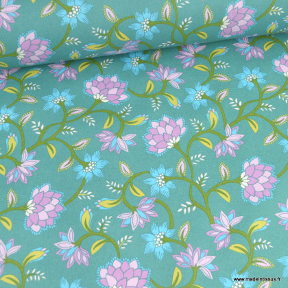 Tissu coton Kalia fleurs indiennes fond vert - oeko tex