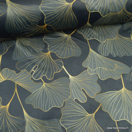 Tissu velours d'ameublement Tiffany motif feuilles de Ginkgo fond anthracite