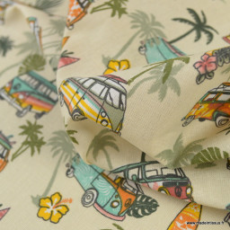 Tissu coton imprimé planches de surf, palmiers et vans kaki - Oeko tex