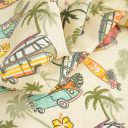 Tissu coton imprimé planches de surf, palmiers et vans kaki - Oeko tex