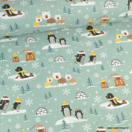 Tissu coton Artic Baby motifs ours, pingouins et igloos - oeko tex