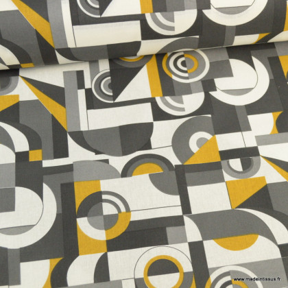 Tissu Coton Woodstock motif graphique vintage noir - Oeko tex