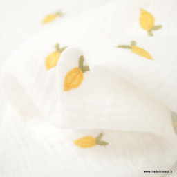 Tissu Double gaze brodée citrons fond blanc - oeko tex