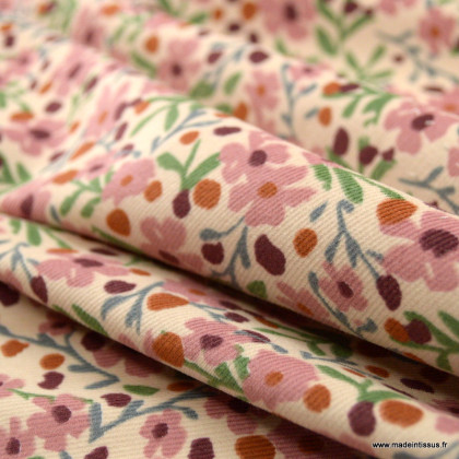 Tissu velours milleraies motif fleurs roses fond écru - oeko tex