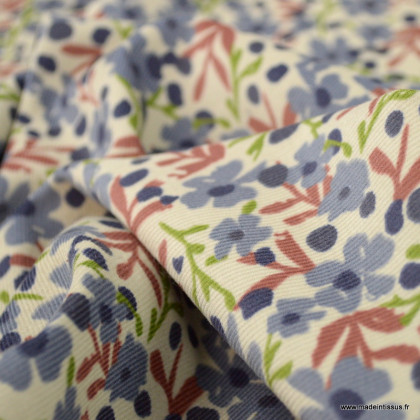 Tissu velours milleraies motif fleurs bleu fond écru - oeko tex