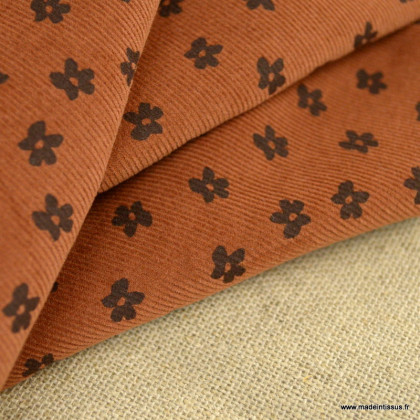 Tissu velours milleraies motif fleurs fond écureuil - oeko tex