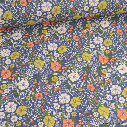 Tissu coton Blosy fleurs fond bleu klein - oeko tex