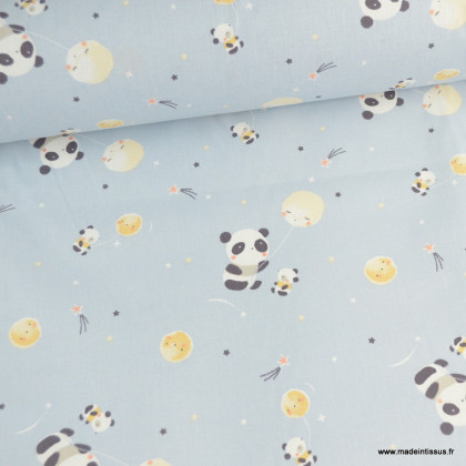 Tissu Coton Huanlili motif pandas fond ciel - oeko tex