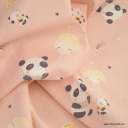 Tissu Coton Huanlili motif pandas fond pêche - oeko tex