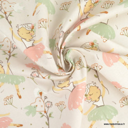 Tissu Coton Angèle motif danseuse et fleurs fond grège - oeko tex