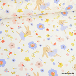 Tissu coton Uliana lapin petite danseuse et fleurs fond blanc - oeko tex