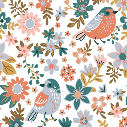 Tissu coton Moneau motif oiseaux et fleurs miel fond blanc - Oeko tex