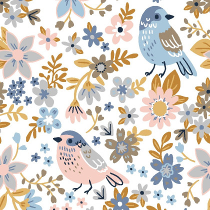 Tissu coton Moineau motif oiseaux et fleurs ciel fond blanc - Oeko tex